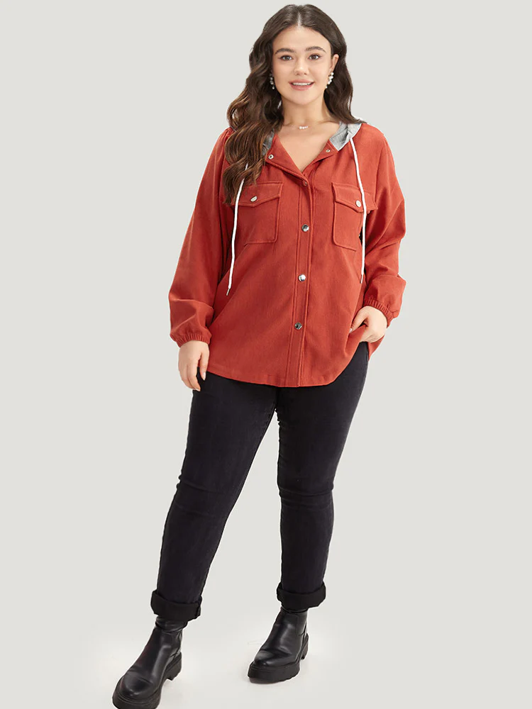 Contrast Patchwork Button Through Hooded Drawstring Corduroy Coat - Image 6