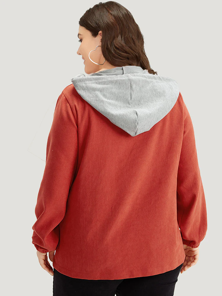 Contrast Patchwork Button Through Hooded Drawstring Corduroy Coat - Image 7