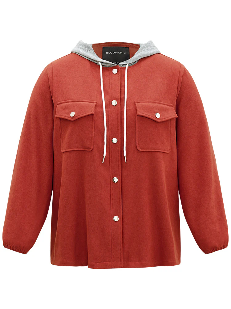 Contrast Patchwork Button Through Hooded Drawstring Corduroy Coat - Image 9
