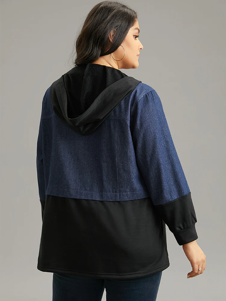 Contrast Patchwork Button Up Pocket Zipper Coat - Image 2