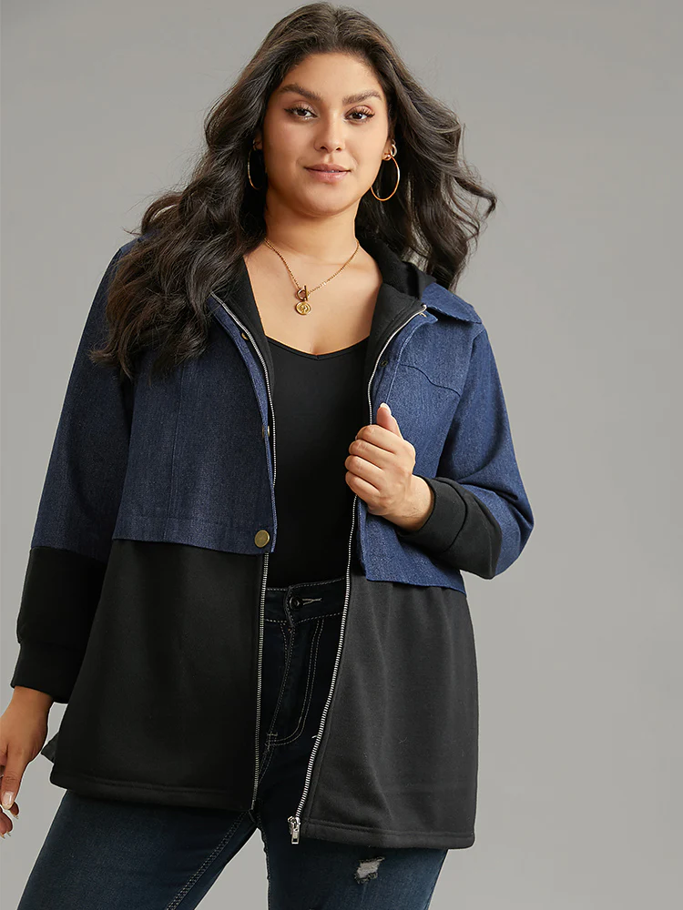 Contrast Patchwork Button Up Pocket Zipper Coat - Image 3