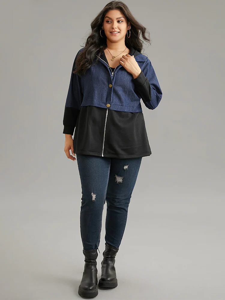 Contrast Patchwork Button Up Pocket Zipper Coat - Image 4