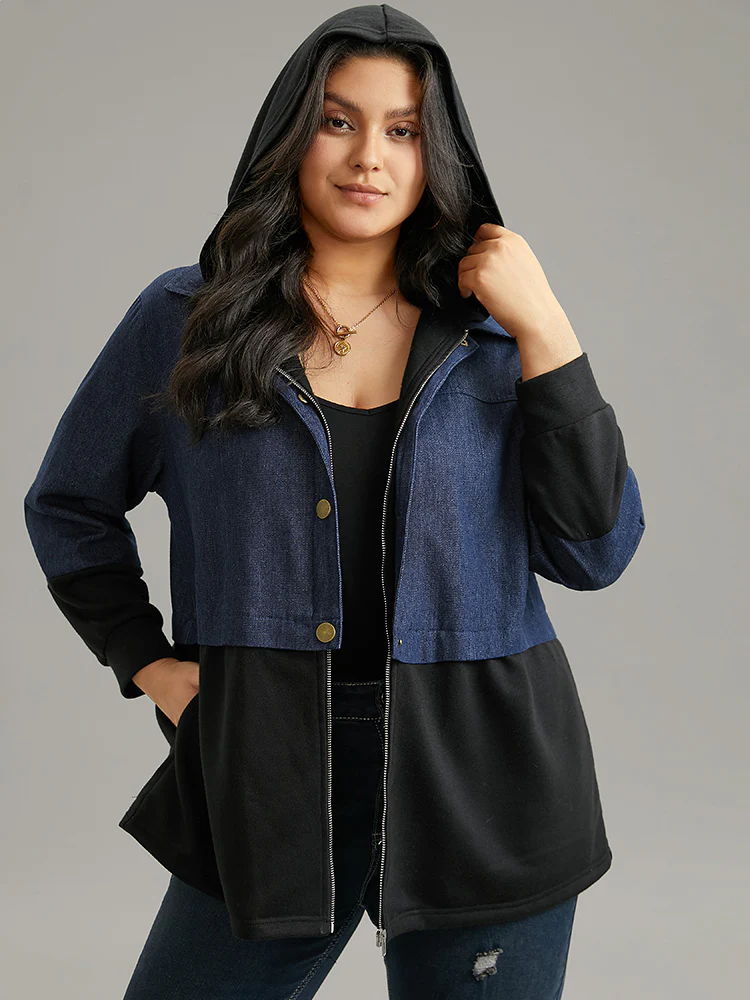 Contrast Patchwork Button Up Pocket Zipper Coat - Image 5