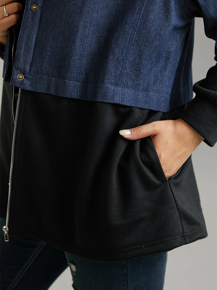 Contrast Patchwork Button Up Pocket Zipper Coat - Image 6