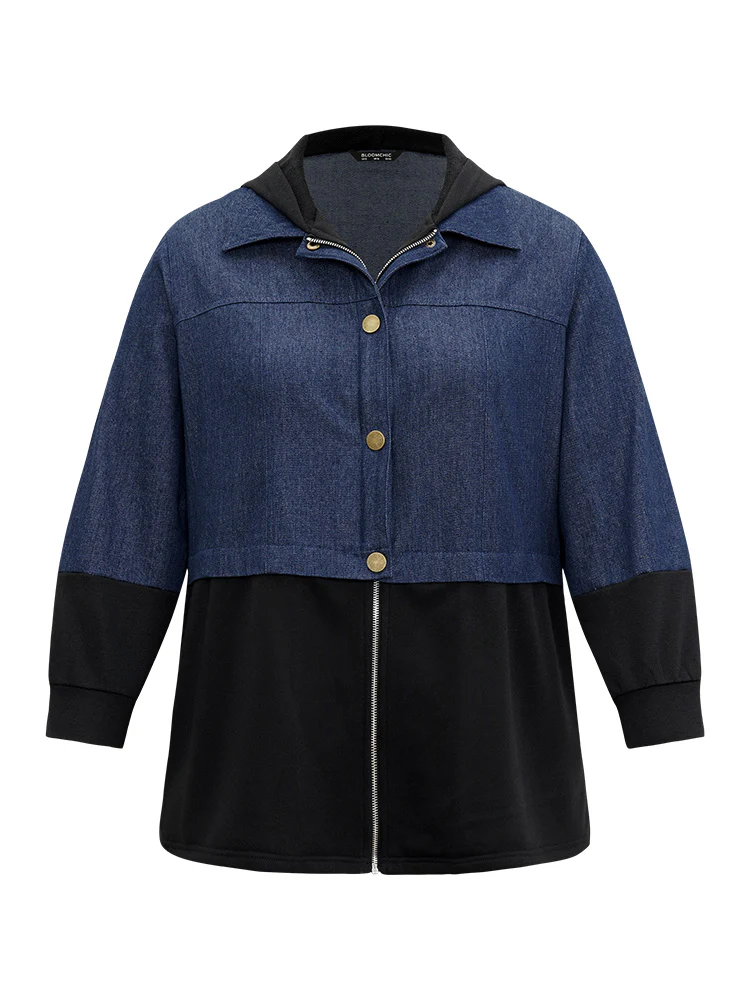 Contrast Patchwork Button Up Pocket Zipper Coat - Image 7