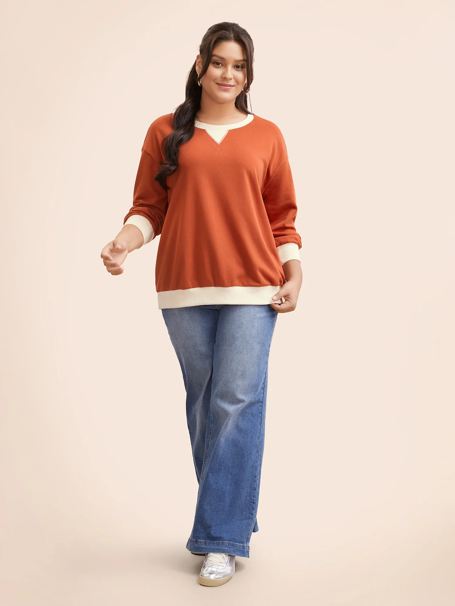 Contrast Patchwork Drop Shoulder Sleeve Sweatshirt - Image 2