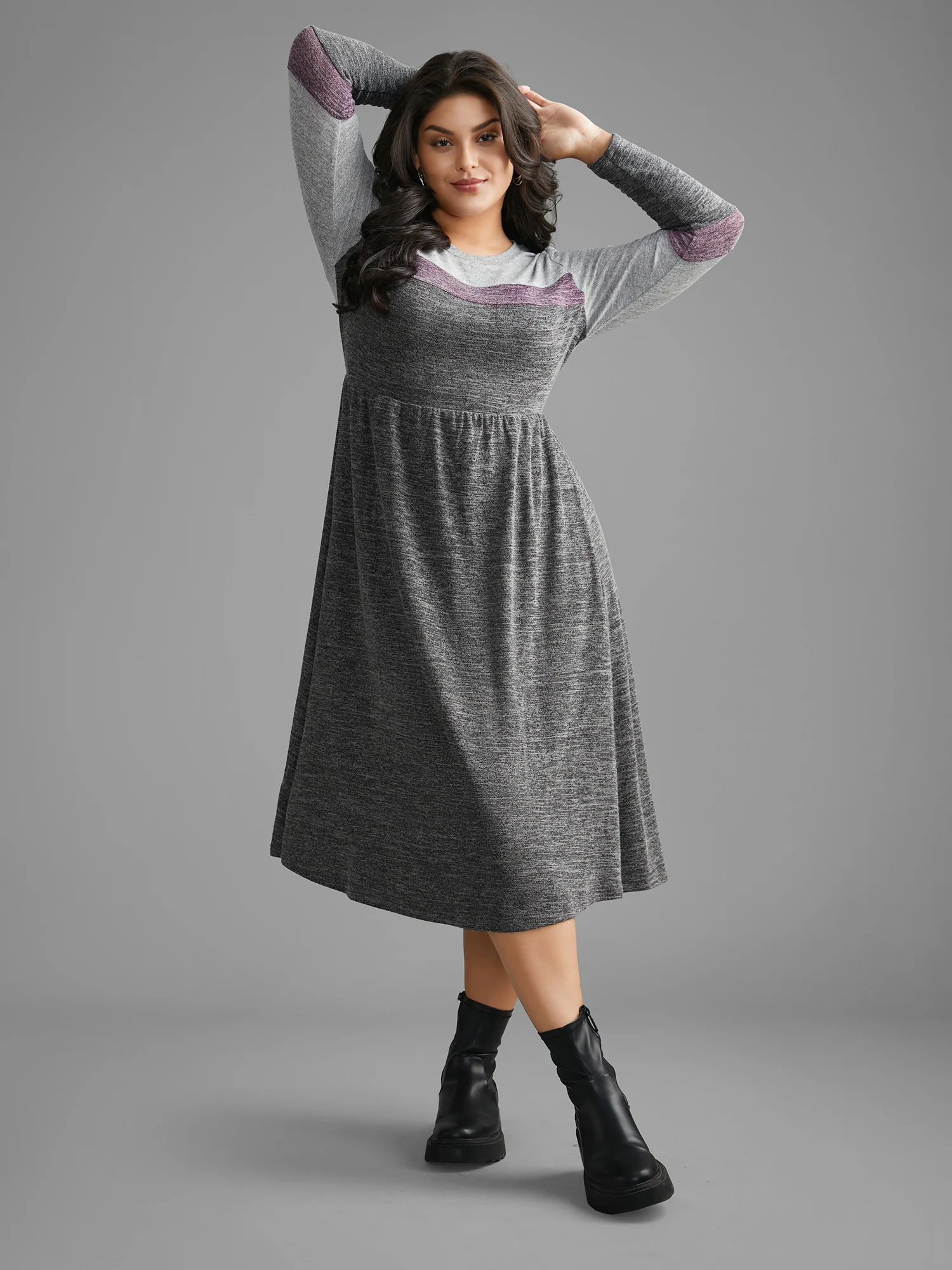 Contrast Patchwork Elastic Waist Knit Dress - Image 3