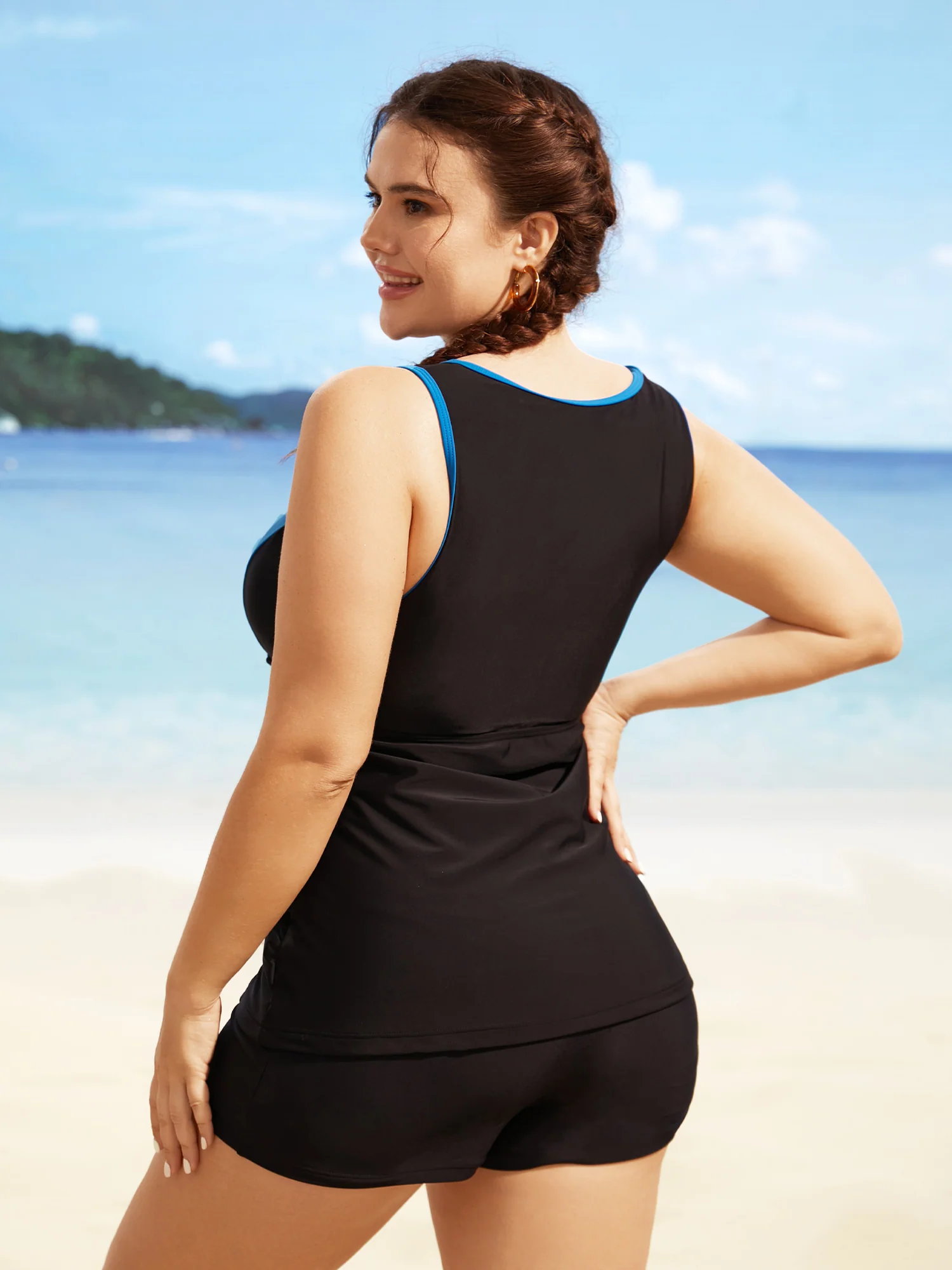 Contrast Patchwork Gathered Half Zip Swim Top - Image 2