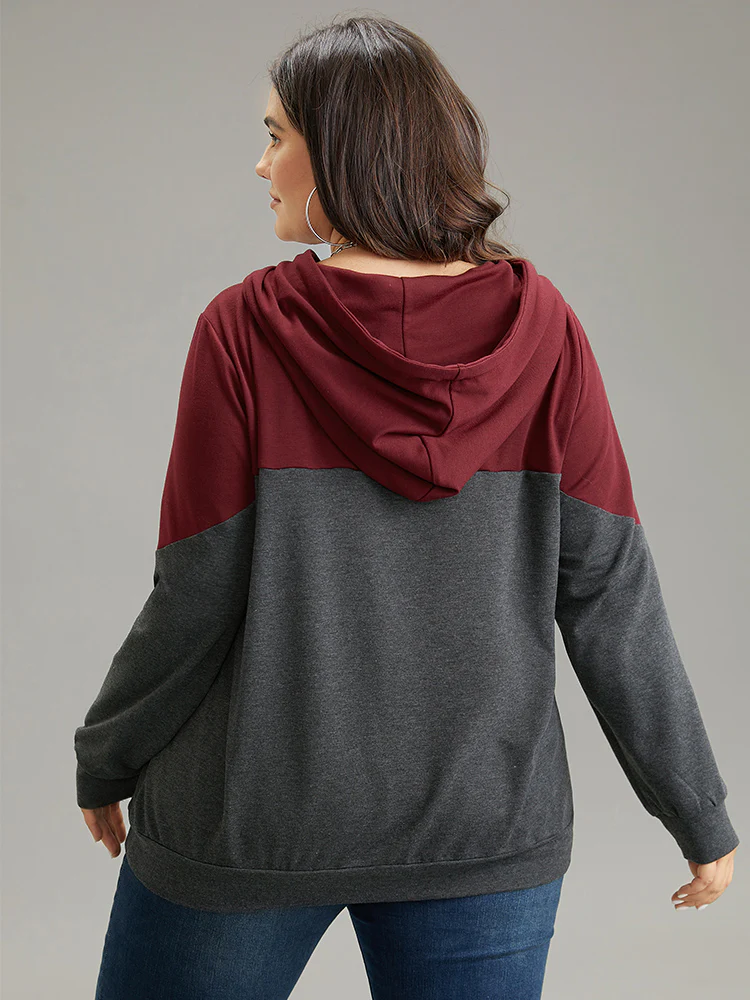Contrast Patchwork Hooded Pocket Drawstring Sweatshirt - Image 2