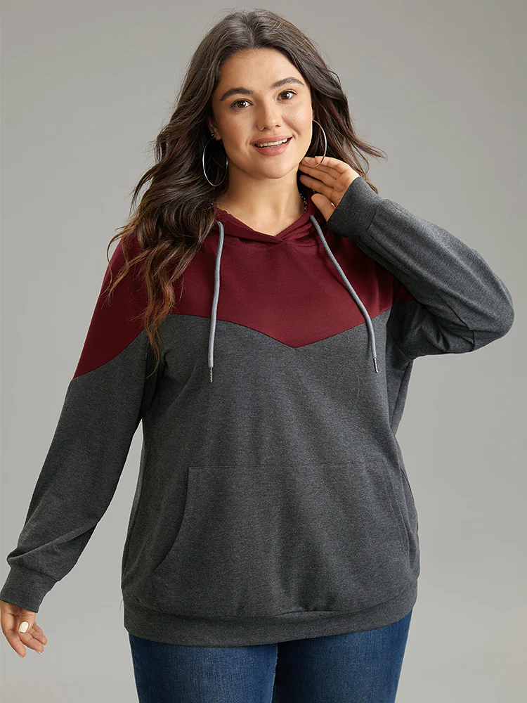 Contrast Patchwork Hooded Pocket Drawstring Sweatshirt - Image 3