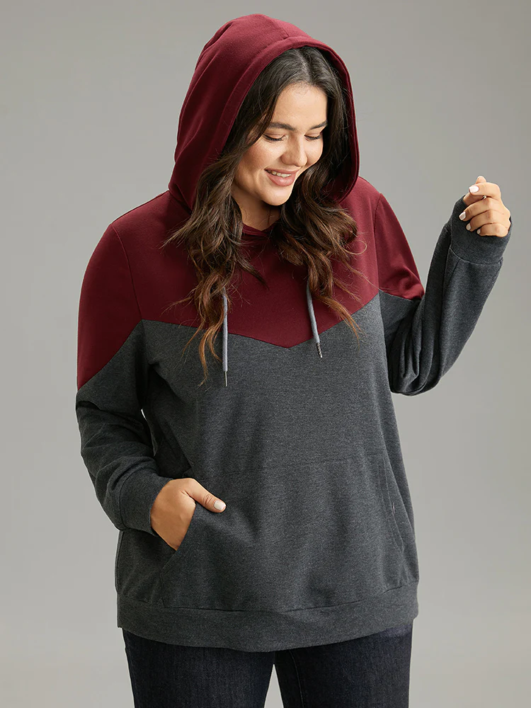 Contrast Patchwork Hooded Pocket Drawstring Sweatshirt - Image 4
