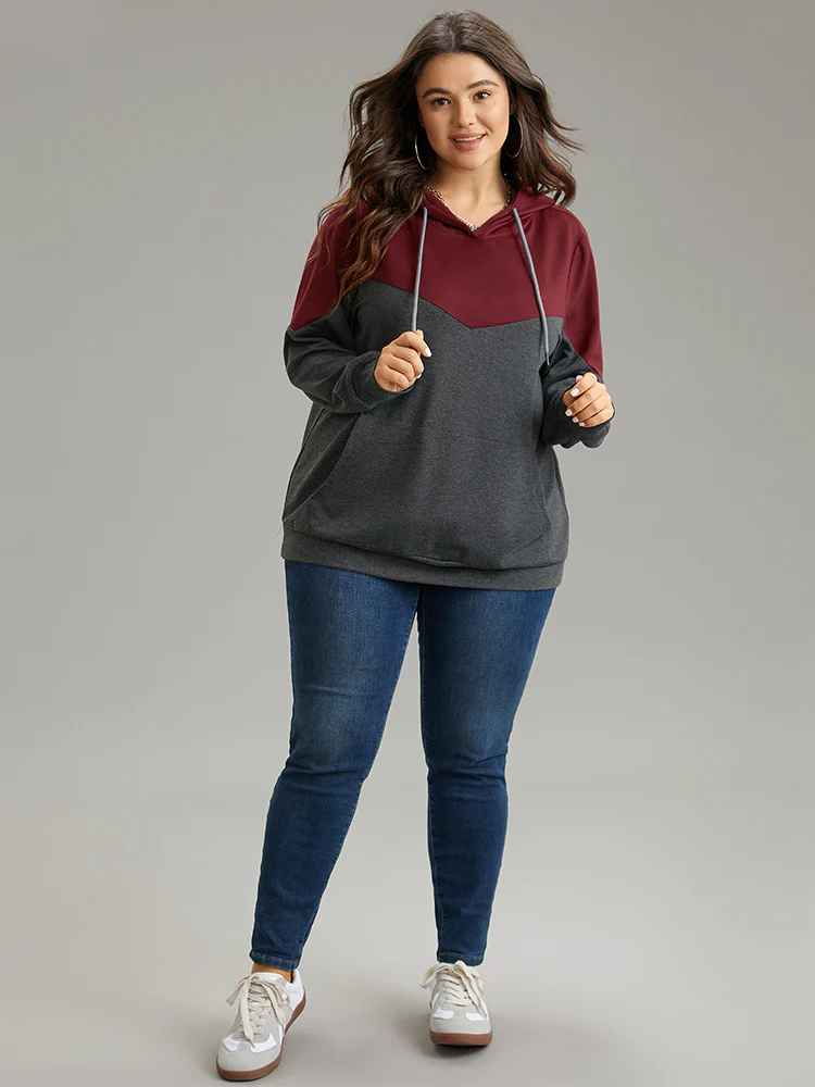 Contrast Patchwork Hooded Pocket Drawstring Sweatshirt - Image 5