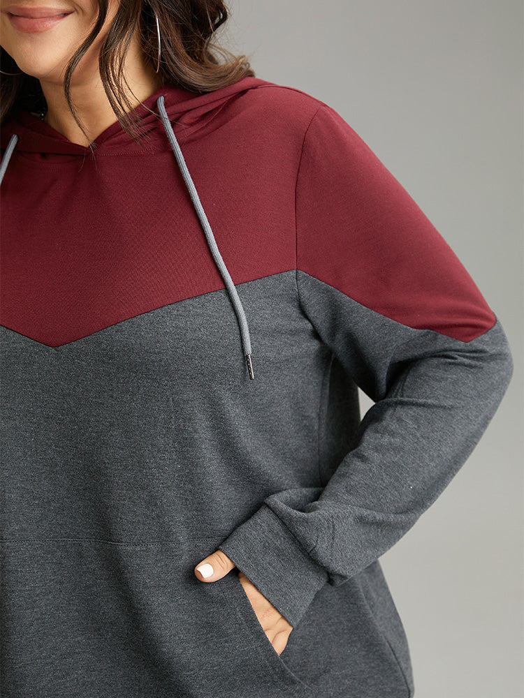 Contrast Patchwork Hooded Pocket Drawstring Sweatshirt - Image 6