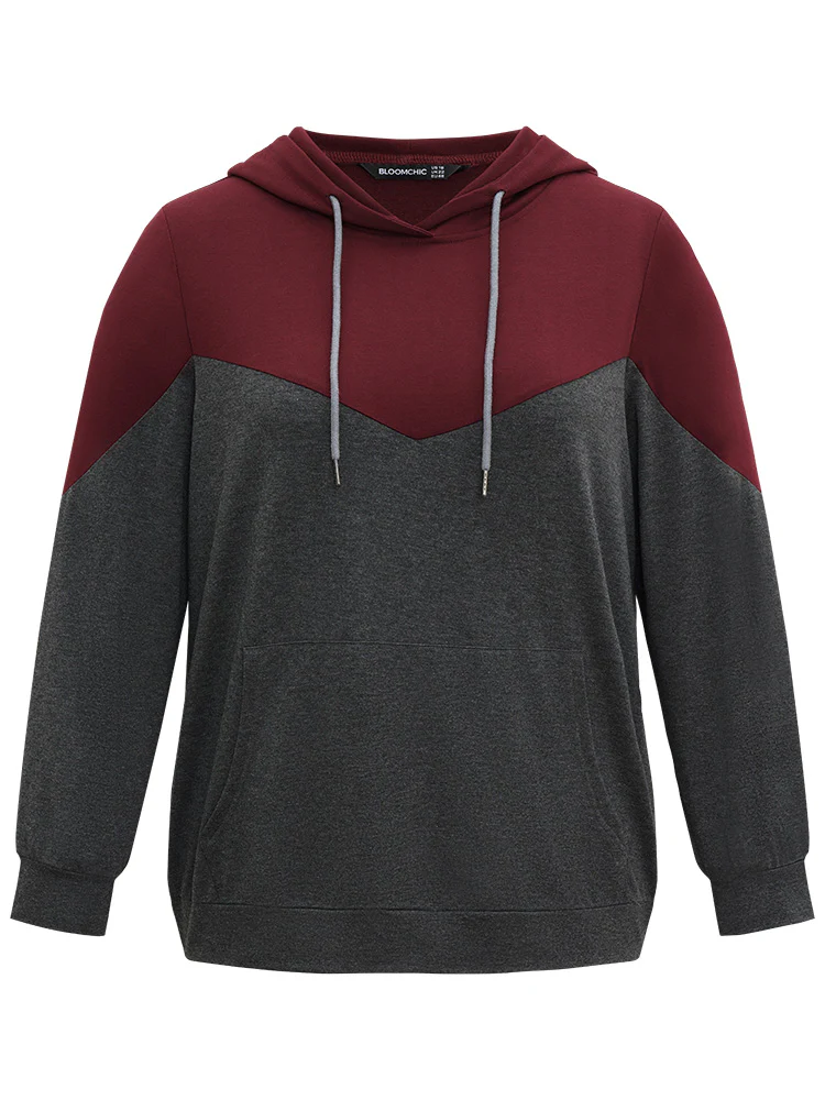 Contrast Patchwork Hooded Pocket Drawstring Sweatshirt - Image 7