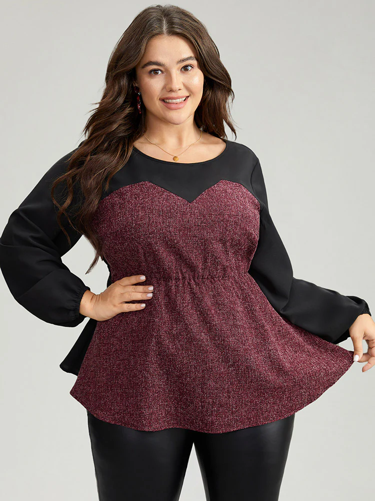Contrast Patchwork Lantern Sleeve Elastic Waist Blouse - Image 2