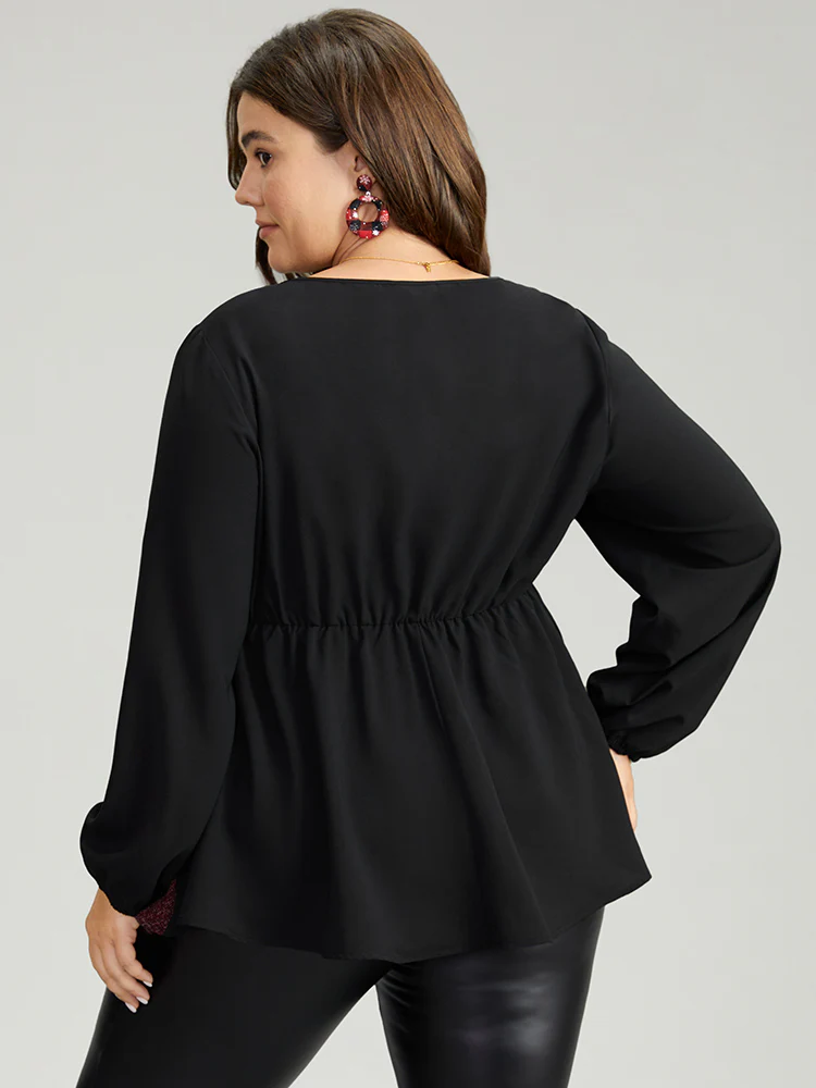 Contrast Patchwork Lantern Sleeve Elastic Waist Blouse - Image 3