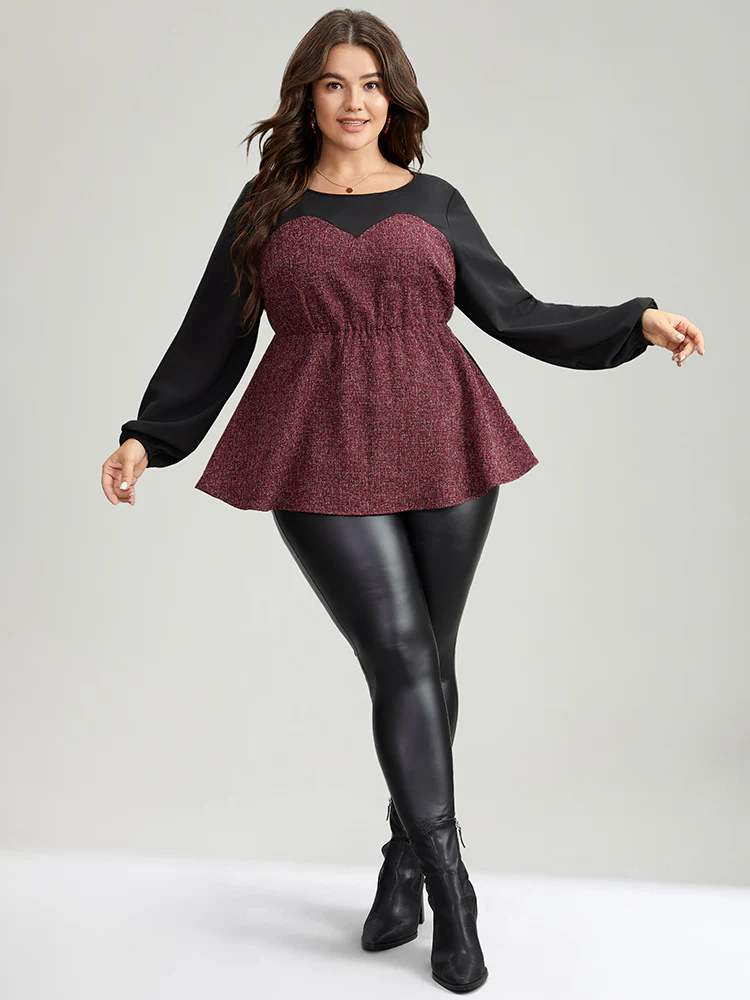 Contrast Patchwork Lantern Sleeve Elastic Waist Blouse - Image 4