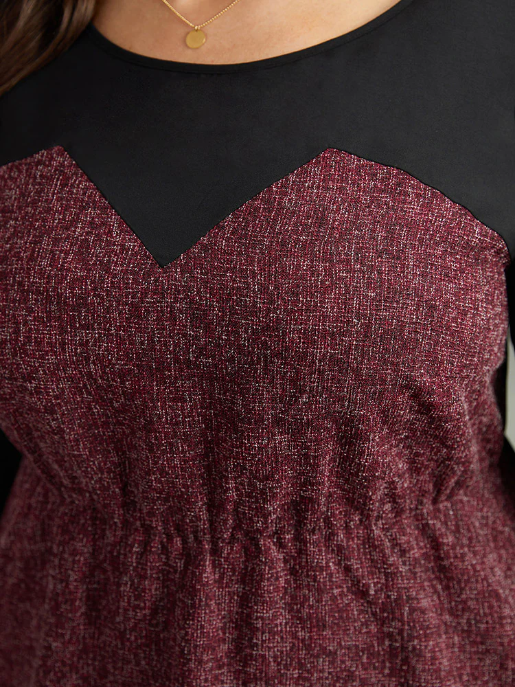 Contrast Patchwork Lantern Sleeve Elastic Waist Blouse - Image 5