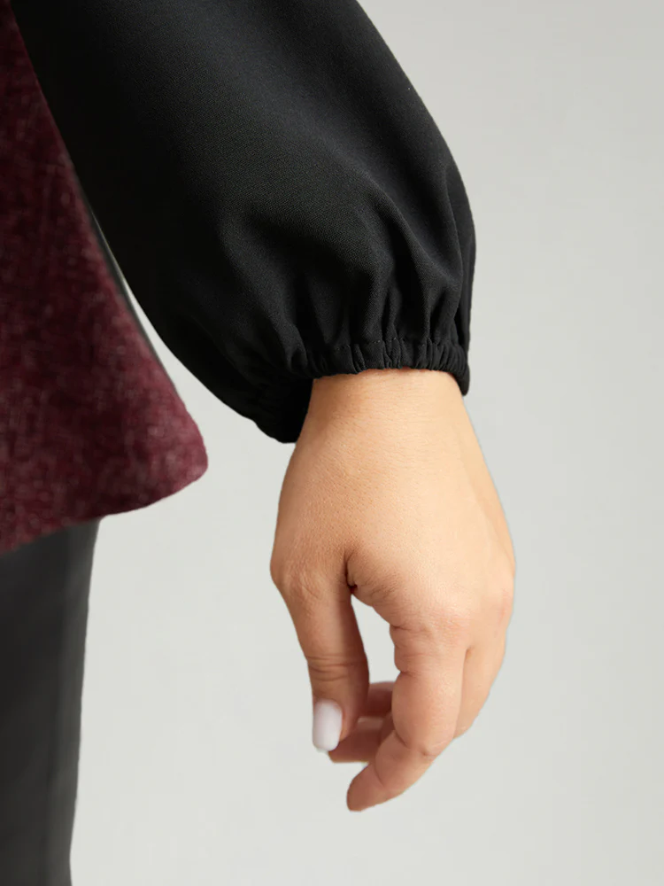 Contrast Patchwork Lantern Sleeve Elastic Waist Blouse - Image 7