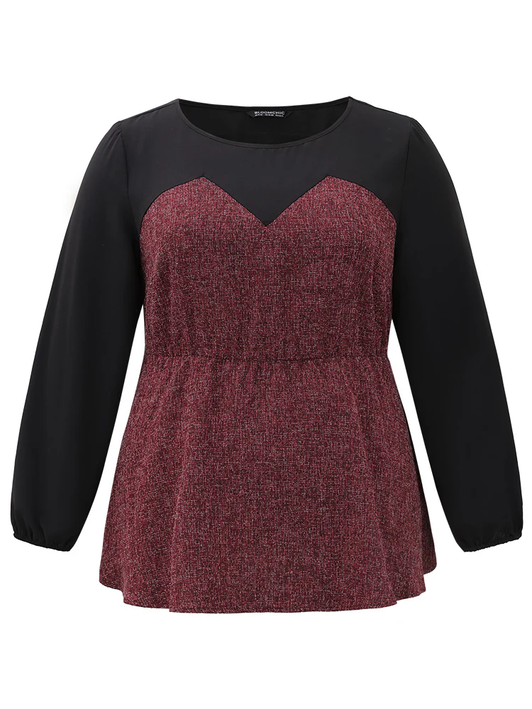 Contrast Patchwork Lantern Sleeve Elastic Waist Blouse - Image 8