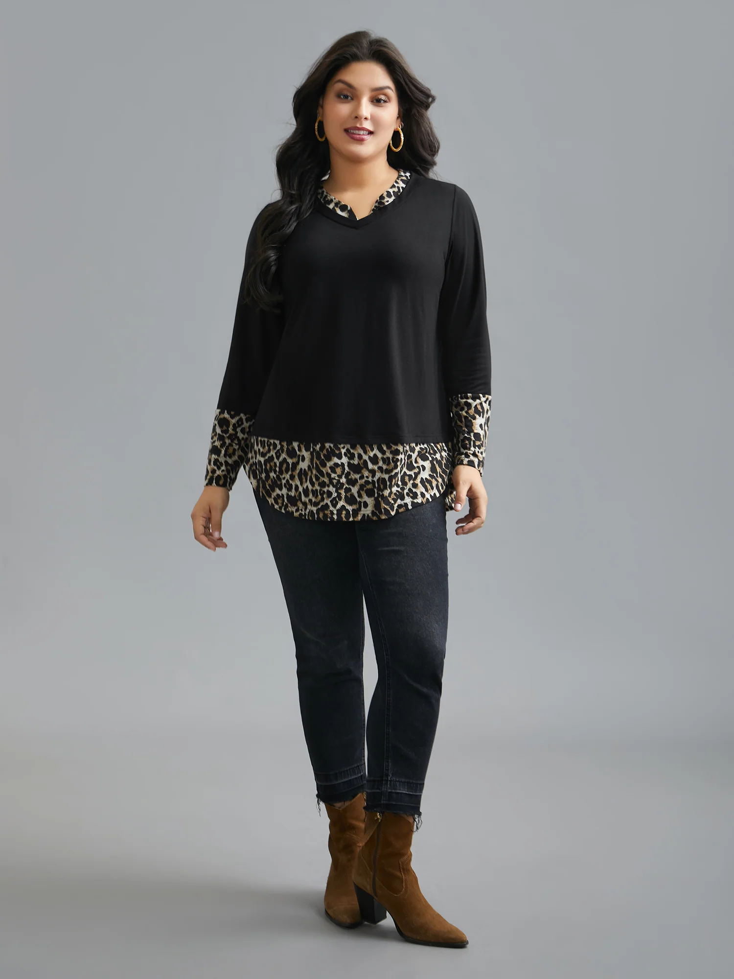 Contrast Patchwork Leopard Stretchy T-shirt - Image 4