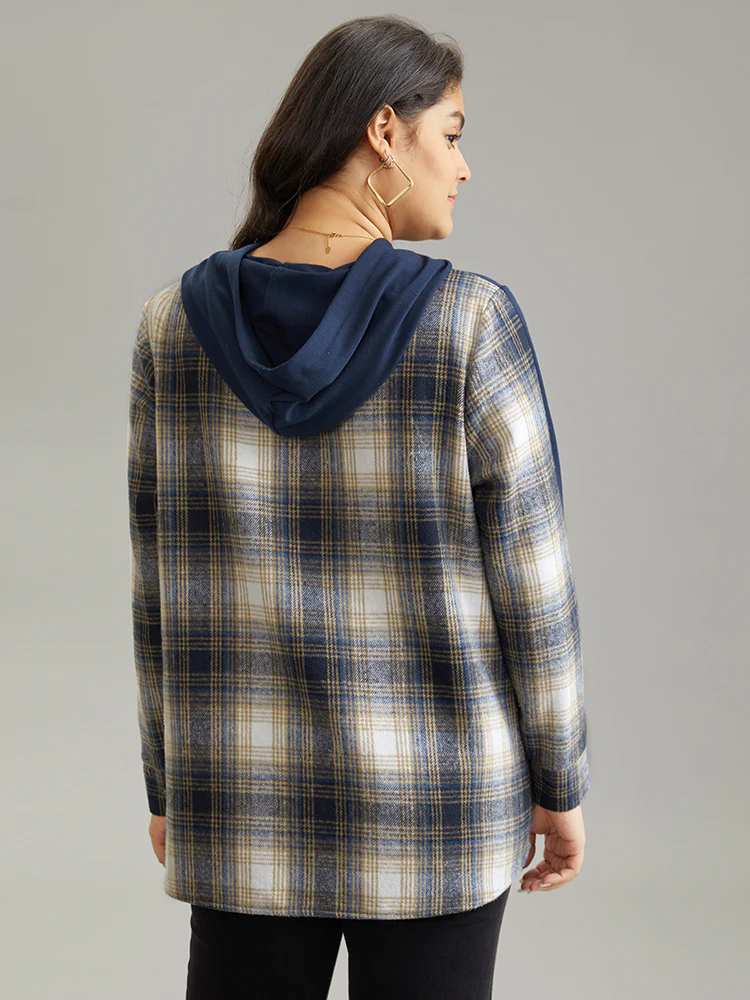 Contrast Plaid Hooded Curved Hem Sweatshirt - Image 2