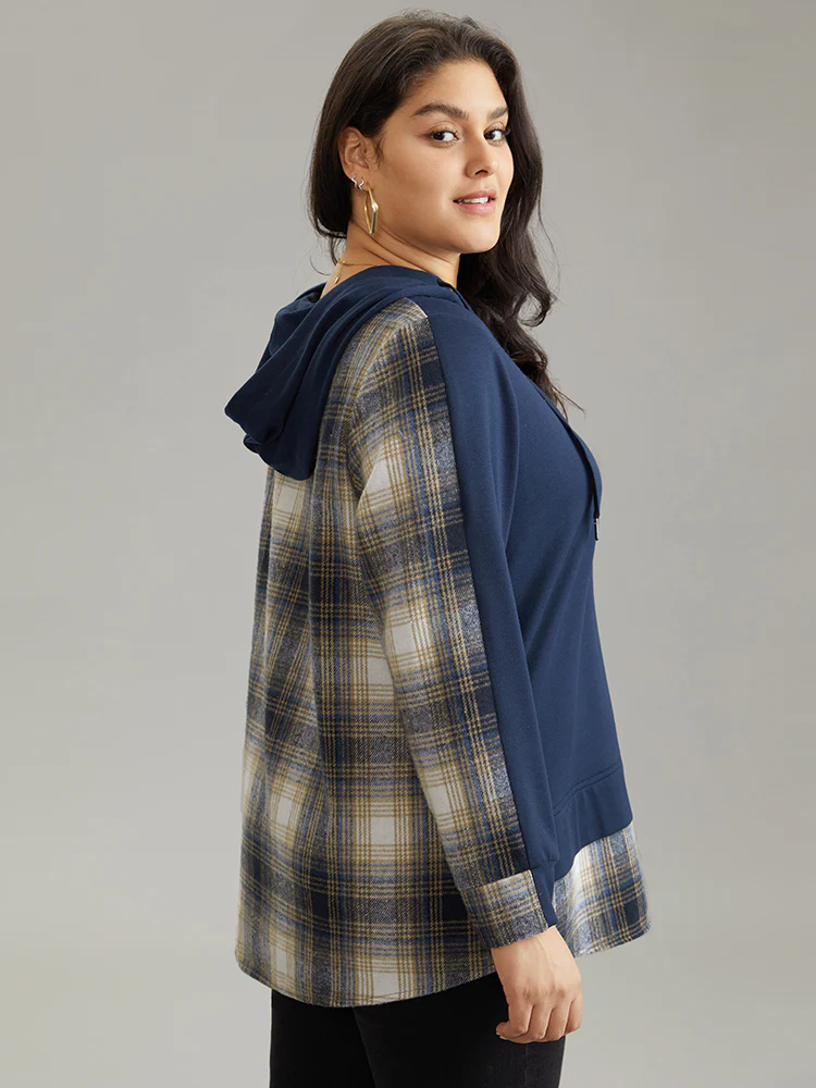 Contrast Plaid Hooded Curved Hem Sweatshirt - Image 3