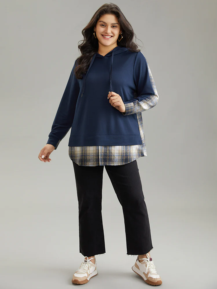 Contrast Plaid Hooded Curved Hem Sweatshirt - Image 4