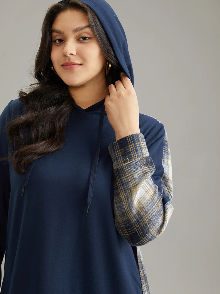Contrast Plaid Hooded Curved Hem Sweatshirt - Image 5