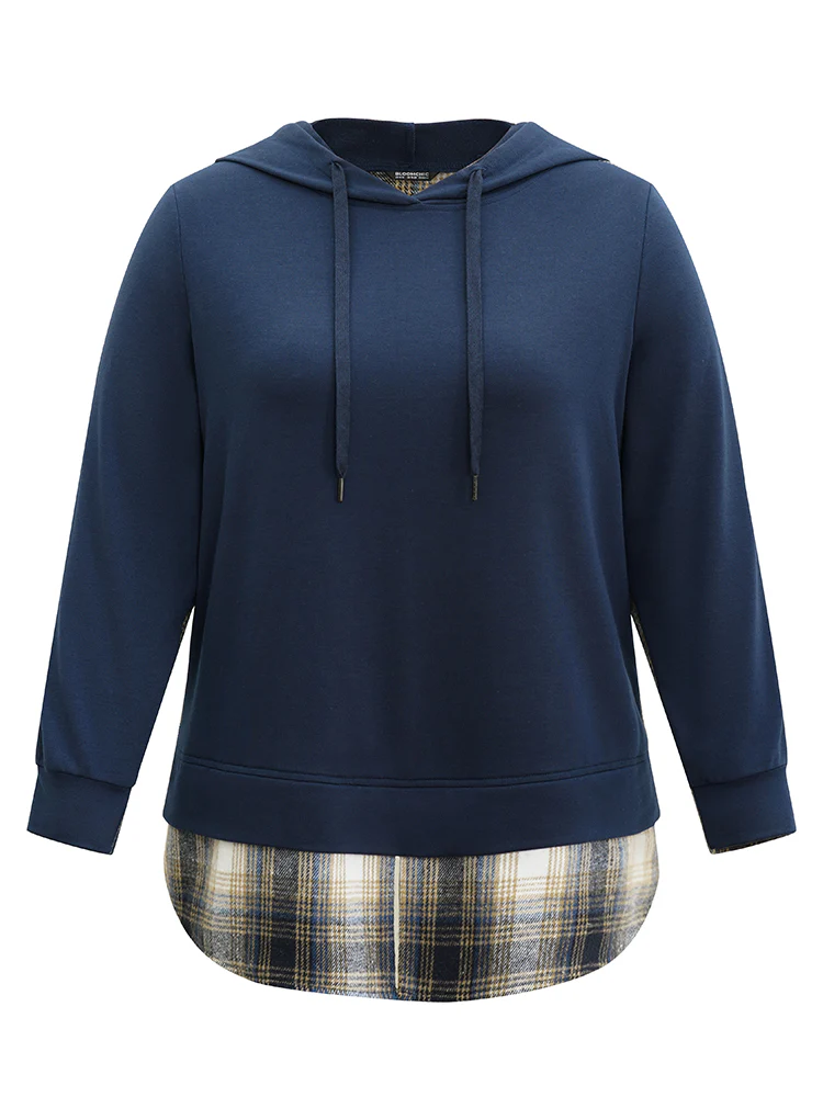Contrast Plaid Hooded Curved Hem Sweatshirt - Image 6