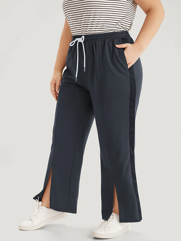 Contrast Patchwork Pocket Drawstring Split Hem Sweatpants - Image 2
