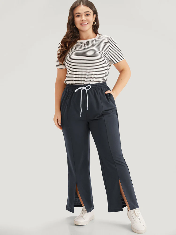 Contrast Patchwork Pocket Drawstring Split Hem Sweatpants - Image 3