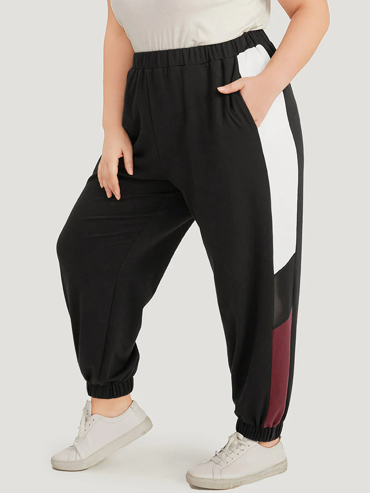 Contrast Patchwork Pocket Elastic Waist Carrot Sweatpants - Image 2
