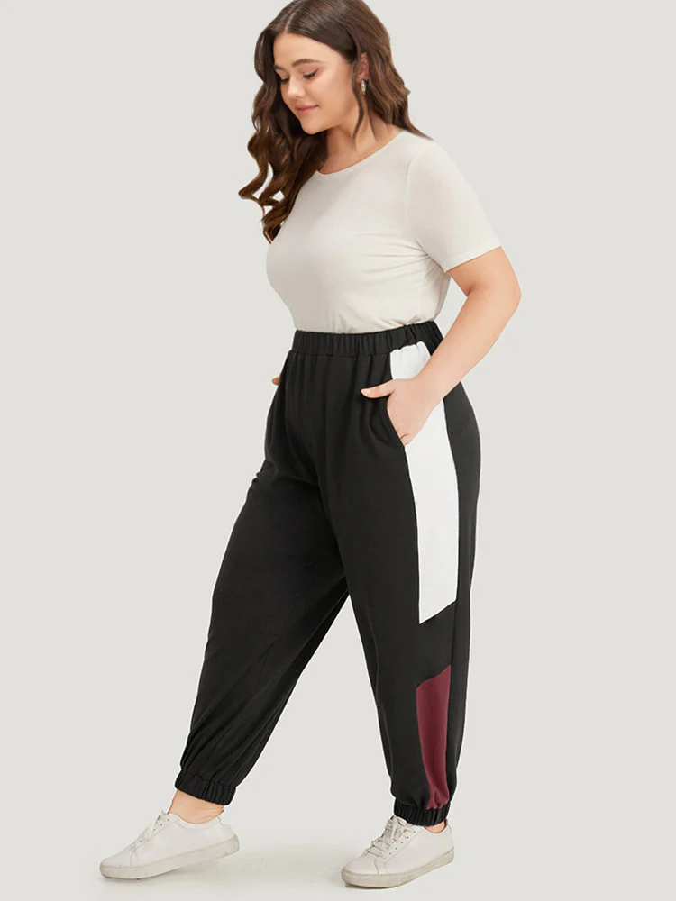 Contrast Patchwork Pocket Elastic Waist Carrot Sweatpants - Image 3