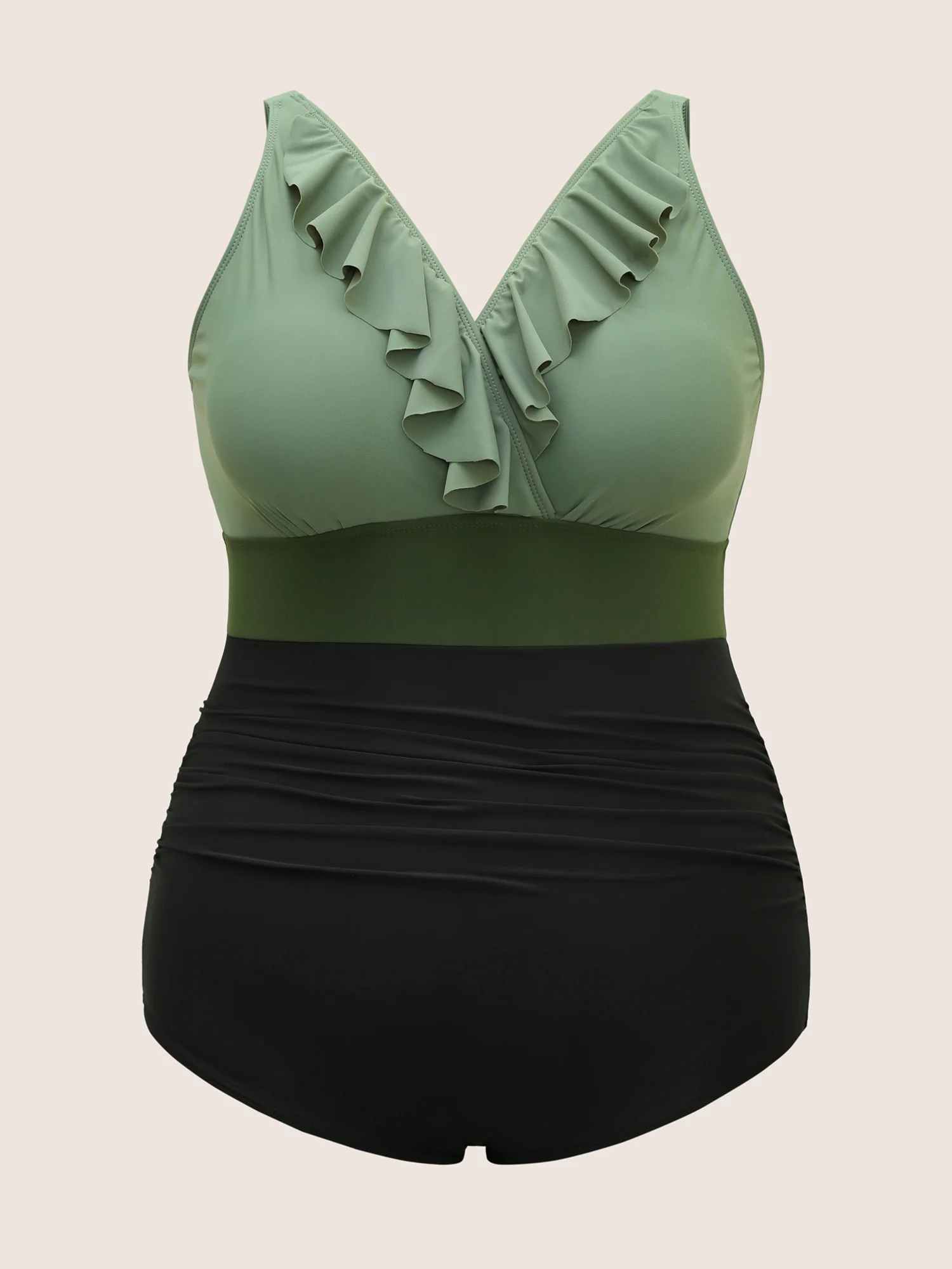 Contrast Patchwork Ruffle Trim Gathered One Piece Swimsuit - Image 7