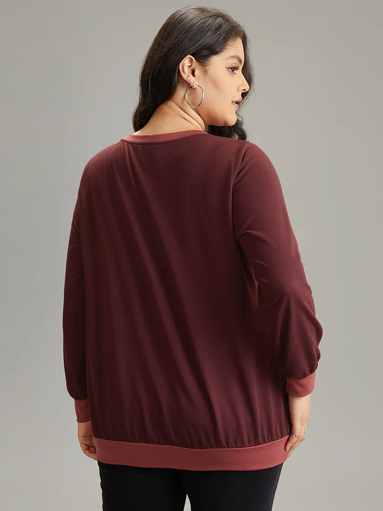 Contrast Patchwork Stitch Detail Elastic Cuffs Sweatshirt - Image 2