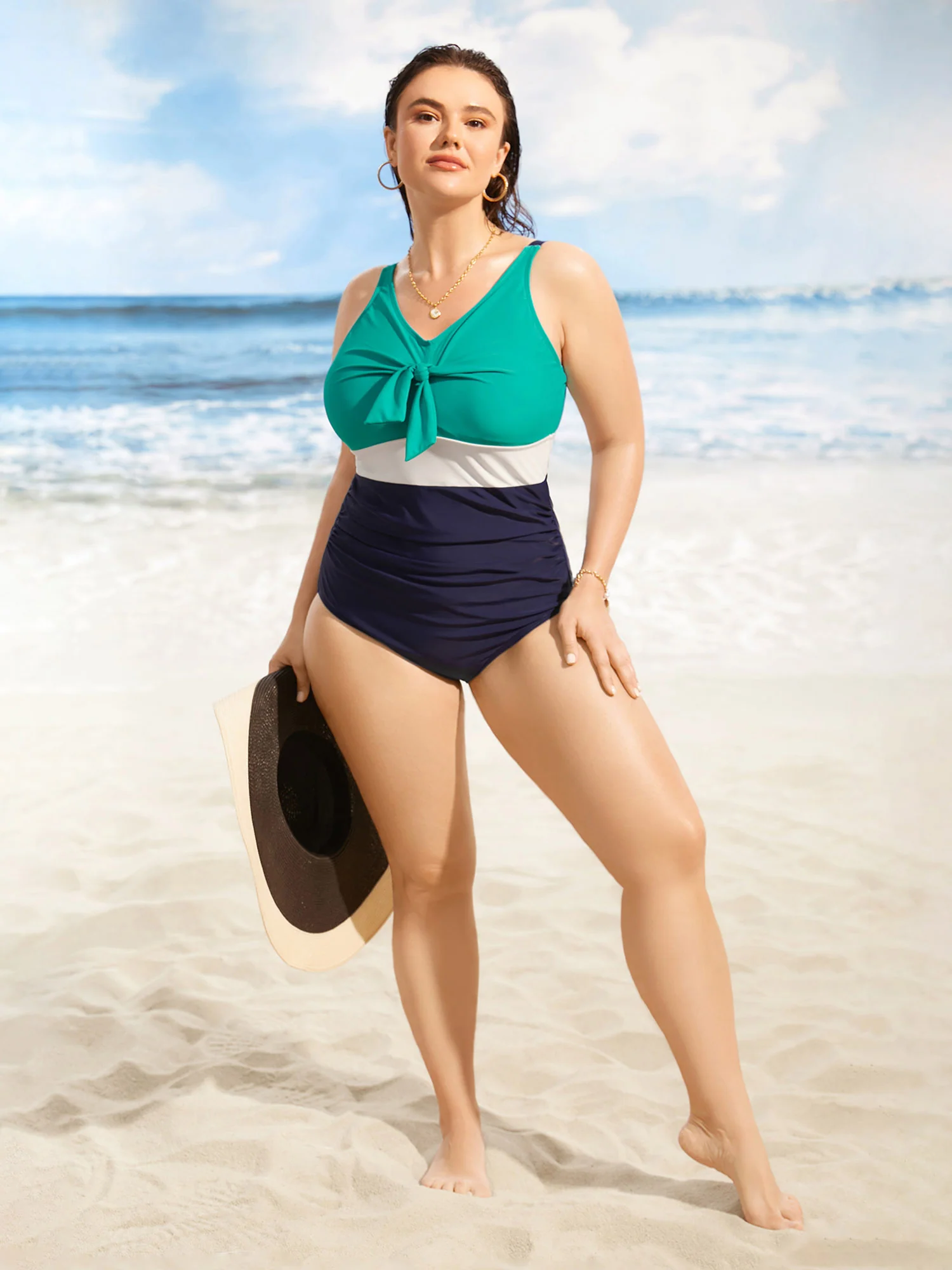 Contrast Patchwork Tie Knot Gathered One Piece Swimsuit - Image 3