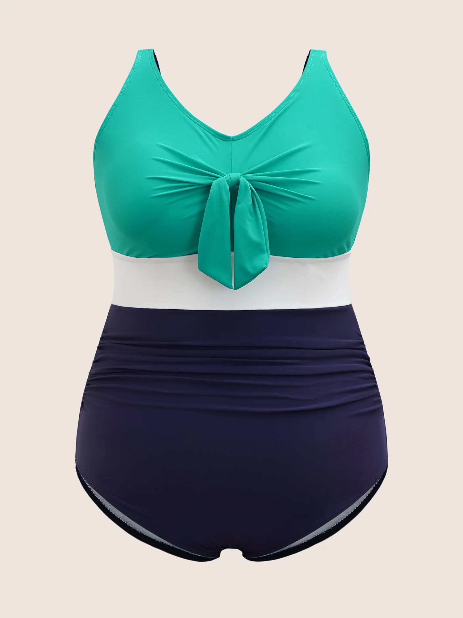Contrast Patchwork Tie Knot Gathered One Piece Swimsuit - Image 7