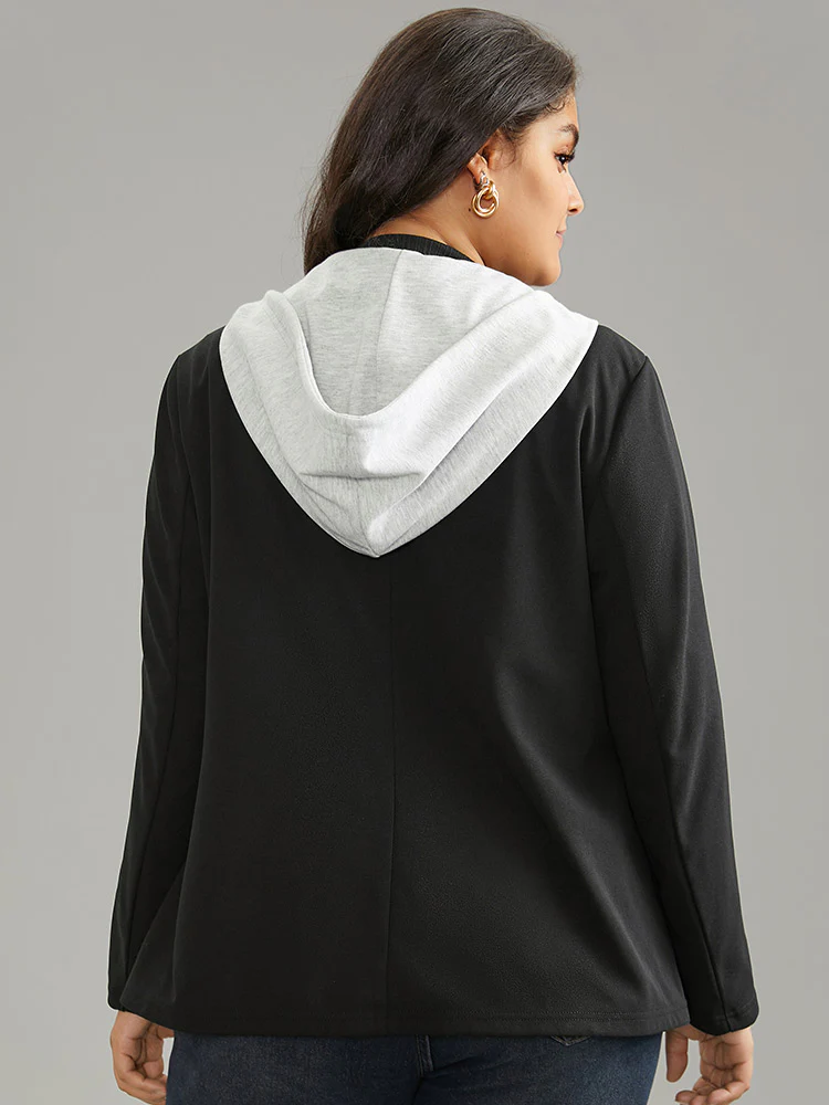 Contrast Patchwork Zipper Button Up Hooded Blazer - Image 4