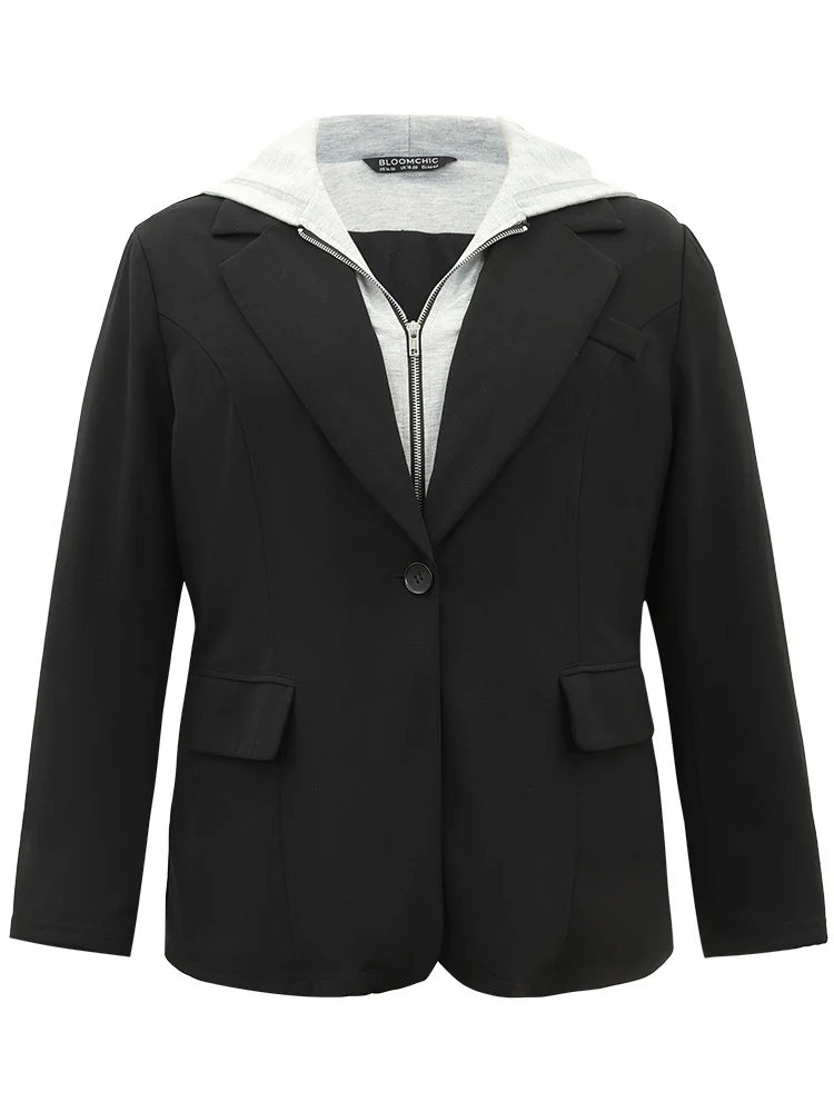 Contrast Patchwork Zipper Button Up Hooded Blazer - Image 6