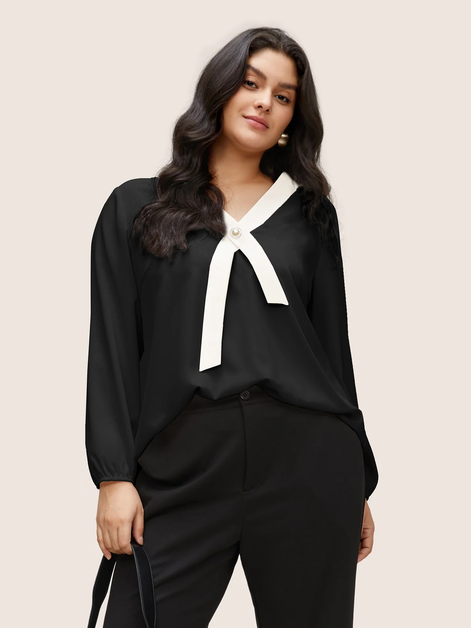 Contrast Pearl Decor Tie Decoration Blouse - Image 2