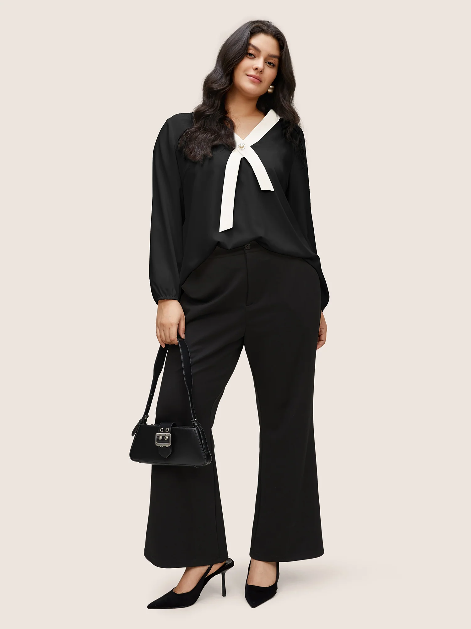 Contrast Pearl Decor Tie Decoration Blouse - Image 3