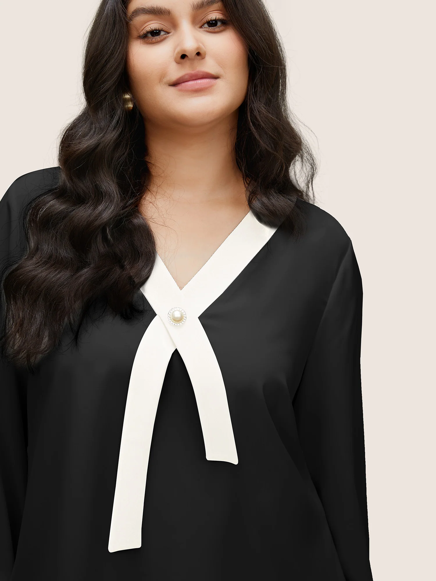 Contrast Pearl Decor Tie Decoration Blouse - Image 4