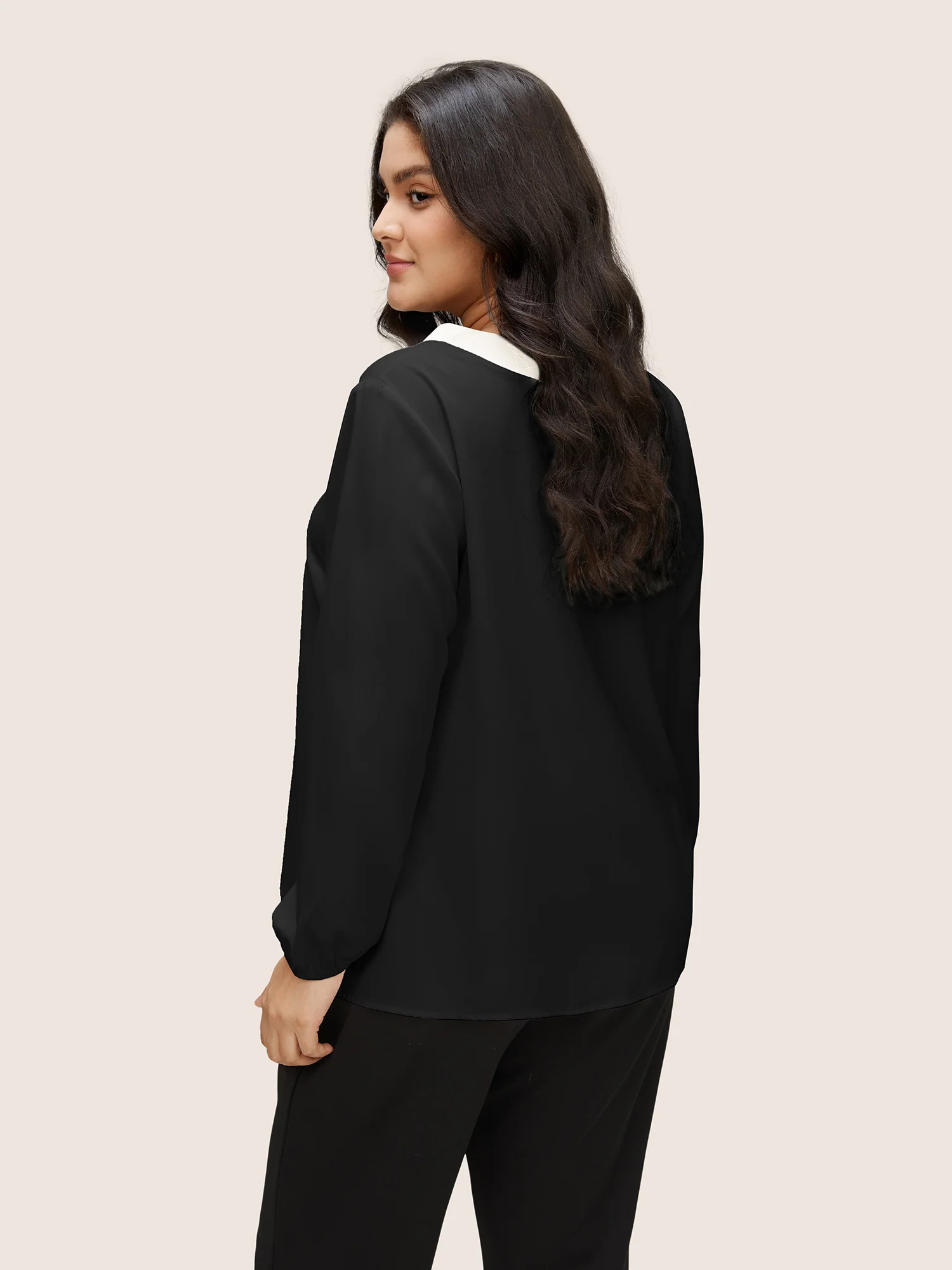 Contrast Pearl Decor Tie Decoration Blouse - Image 5