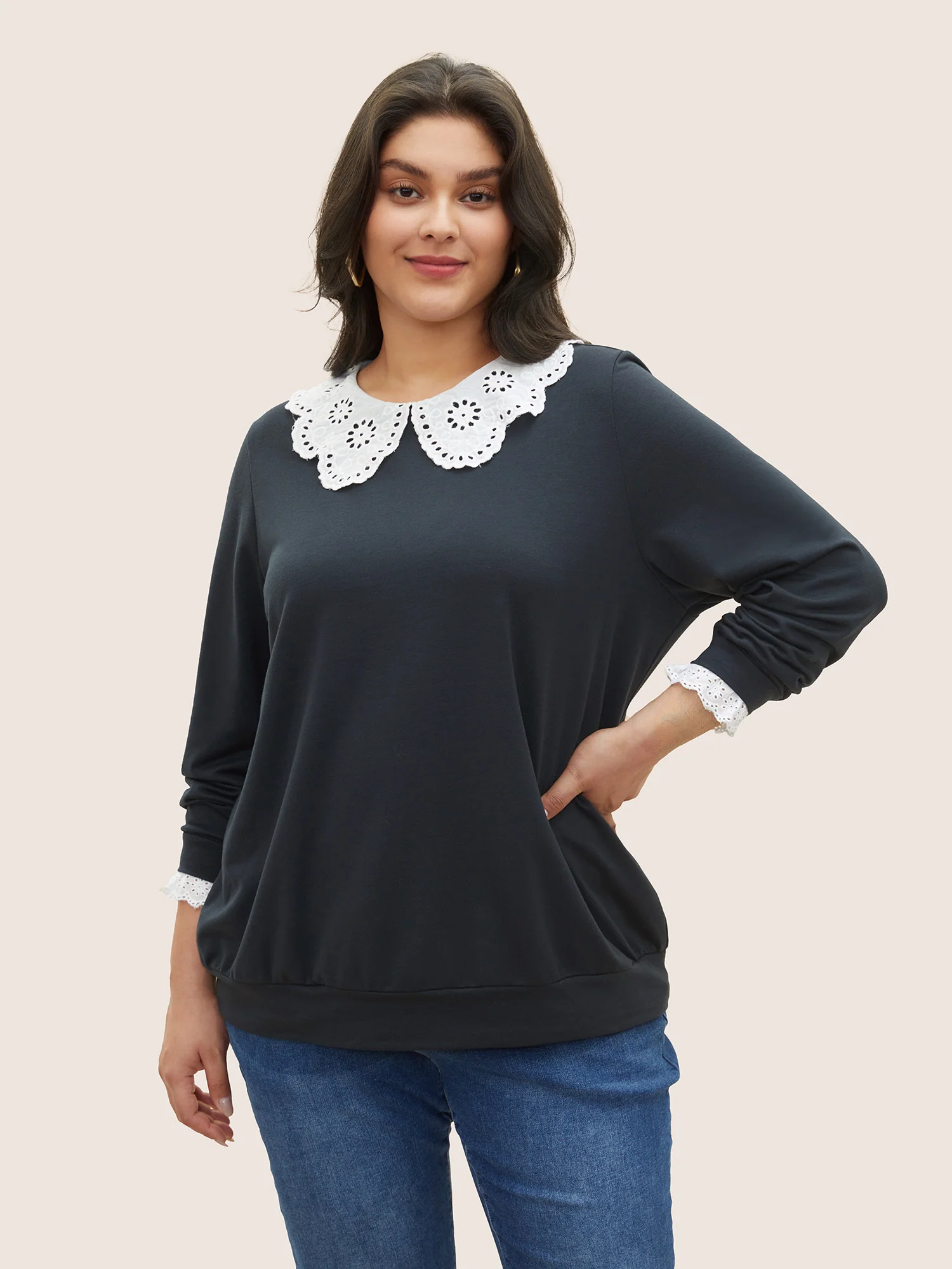 Contrast Peter Pan Collar Broderie Anglaise Sweatshirt