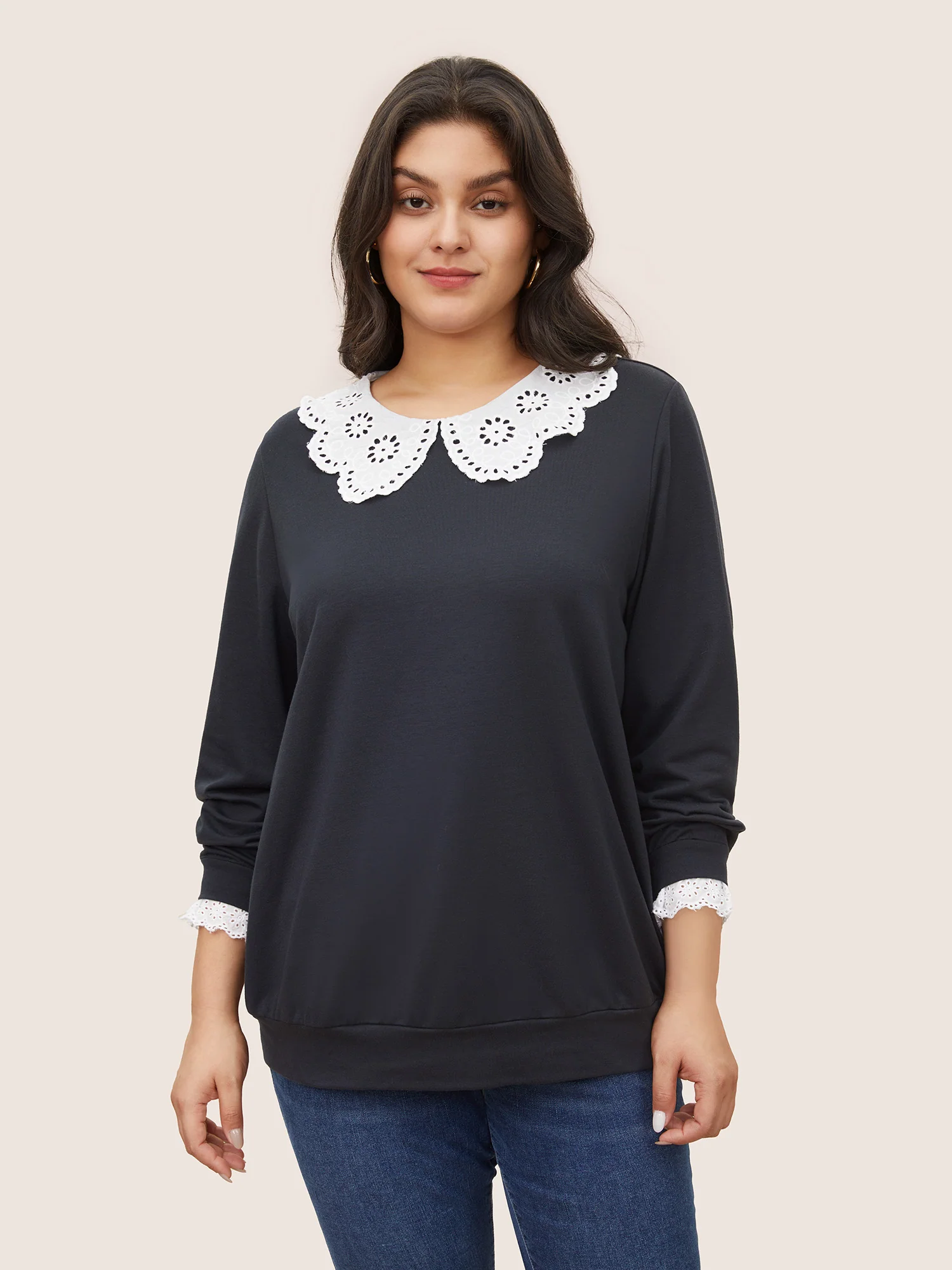 Contrast Peter Pan Collar Broderie Anglaise Sweatshirt - Image 4