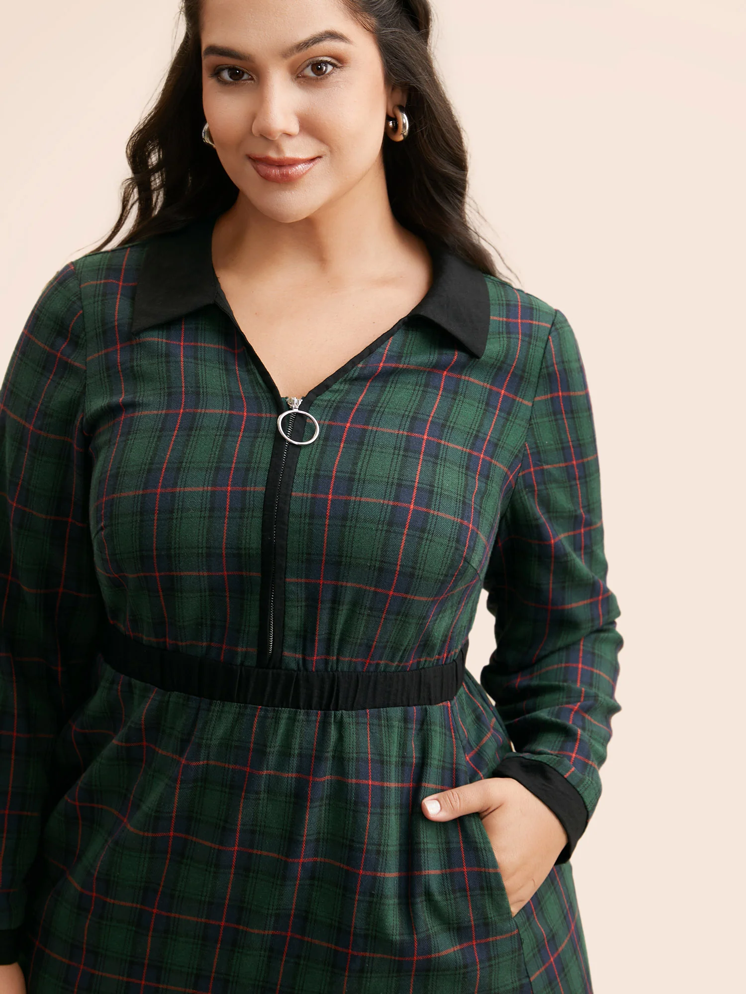 Contrast Plaid O Ring Zipper Dress - Image 2