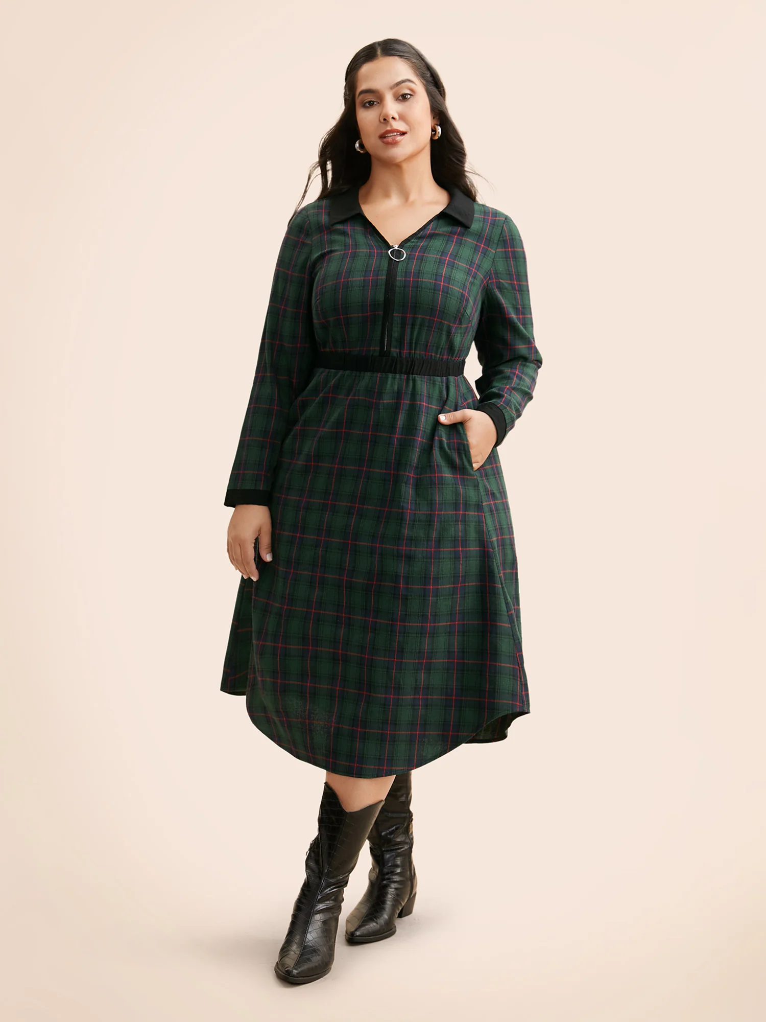 Contrast Plaid O Ring Zipper Dress - Image 3