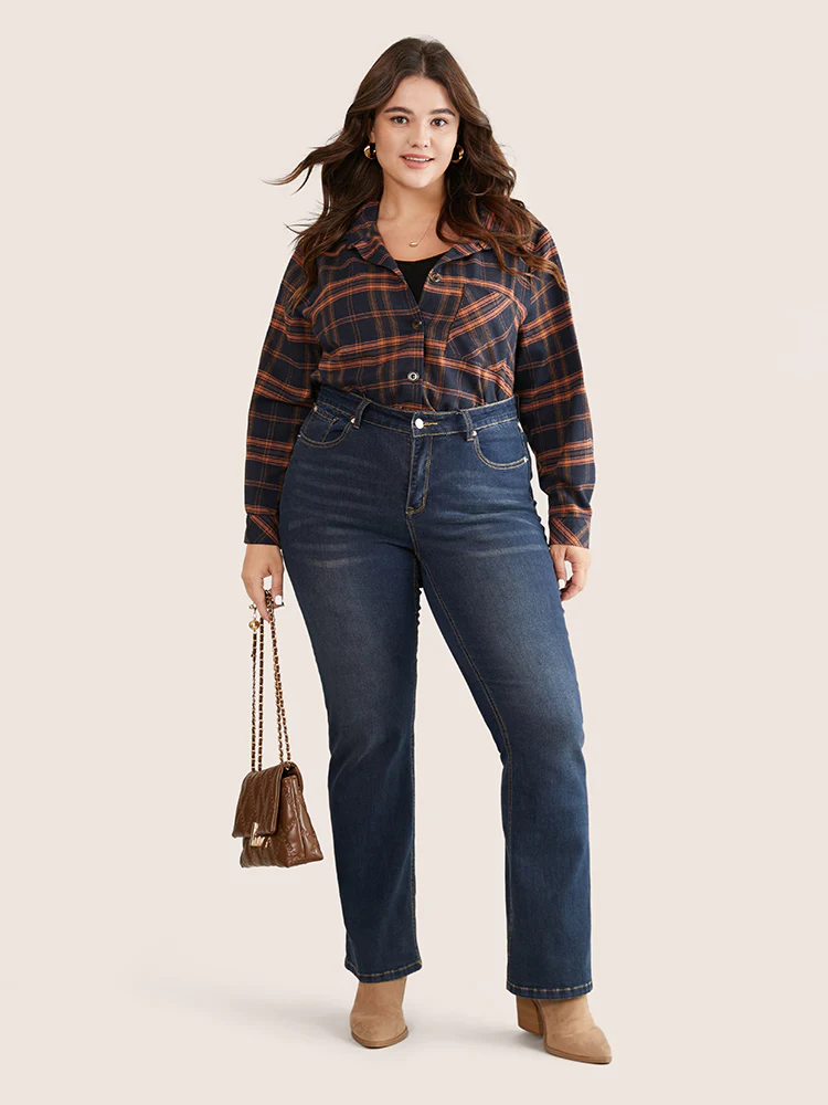 Contrast Plaid Patched Pocket Shirt Collar Blouse - Image 2