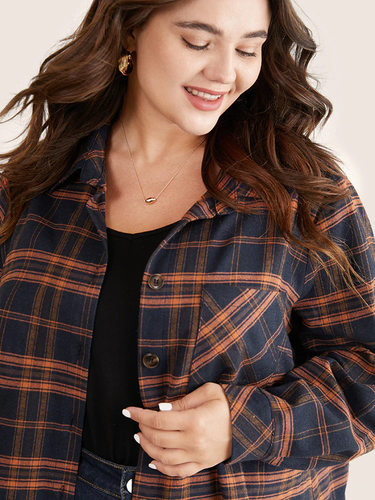 Contrast Plaid Patched Pocket Shirt Collar Blouse - Image 3